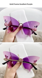 Detail of rimless butterfly sunglasses with purple gradient lenses and floral rhinestones