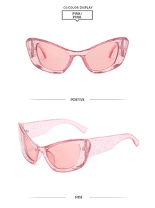 Detailed front and side views of pink cat-eye sunglasses with silver glitter finish