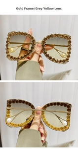 Detail of luxury D-frame sunglasses with crystal-encrusted gold frames and pearl tips