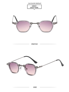 Vues de face et de côté à 45 degrés des lunettes de soleil carrées en métal rétro rose