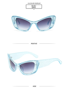 Detail of blue glitter cat eye sunglasses with grey gradient lenses showing front and side views