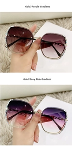 Detail of luxury butterfly rimless sunglasses featuring crystal accents and gold chain temples