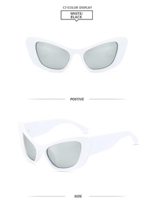 Front and side views of white cat-eye sunglasses with glitter frames and dark lenses