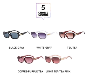 Detail view of square sunglasses in five colors with metal chain temple accents