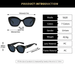 Detailed size chart for retro cat eye sunglasses showing PC frame dimensions and weight