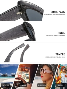 Detailed views of cat eye sunglasses showing glitter frames, nose pads and hinge design