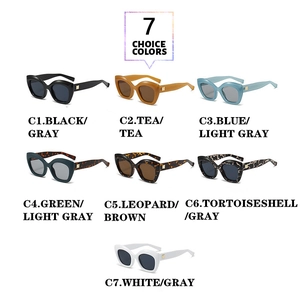 Collage of cat-eye sunglasses in seven trendy colors with gold metal accents on the temples