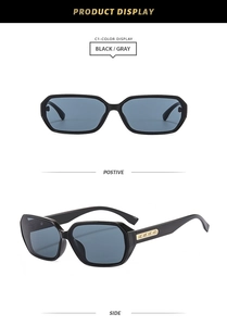 Detail view of square black sunglasses with gold cross metal decor on the temples