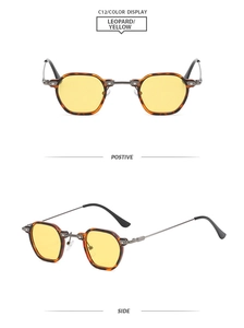 Détail de lunettes de soleil léopard avec verres jaunes et branches en métal style C12