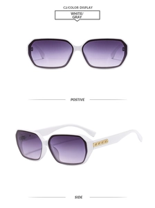 Front and side views of white rectangular sunglasses with gold metallic hinge details