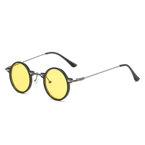 Retro round metal sunglasses with yellow lenses and black steampunk frames for men and women