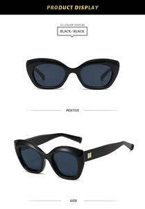 Detailed front and side views of black cat-eye sunglasses with gold square accents