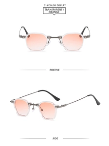Détail de lunettes de soleil carrées en métal avec verres dégradés orange et monture
