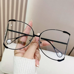 Y2K fashion oversized black D-frame glasses with decorative pearls on inner lower rims