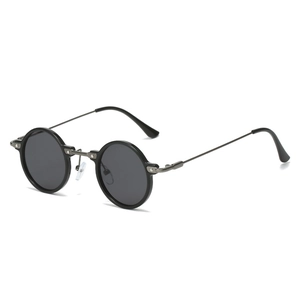 Classic round retro sunglasses with black frame and gold metal temples on white background