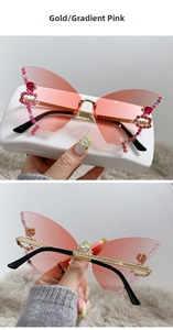 Detail of butterfly rimless sunglasses with pink gradient lenses and rhinestone edges