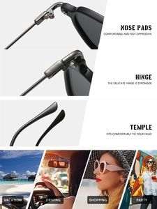 Détails macro des plaquettes et charnières sur lunettes de soleil carrées élégantes