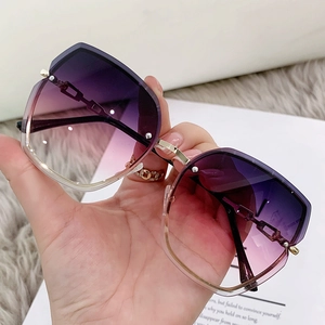 Women's Rimless Butterfly Sunglasses Metal Chain Temple Rhinestone Inlaid Gradient Lens Fashion UV400 Protection Sun Glasses