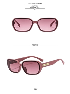 Detail of square sunglasses in purple tea color with gold geometric temple decoration