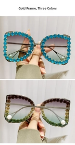 Detail of luxury gold frame sunglasses with rhinestones, gradient lenses and pearl tips