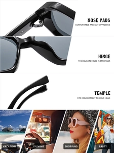 Detail view of reinforced metal hinges and comfortable nose pads on black square sunglasses