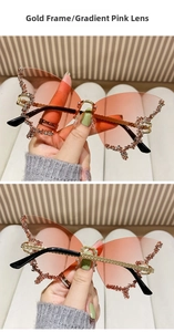 Detail of butterfly rimless sunglasses with gradient pink lenses and sparkling rhinestones