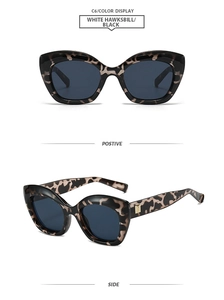 Detailed front and side views of tortoiseshell cat eye sunglasses with gold accents