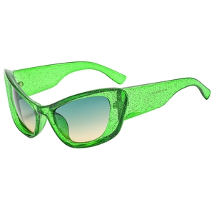 Cat eye glitter green sunglasses with blue to yellow gradient lenses for women