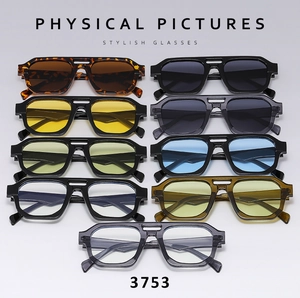 Detailed grid of retro double-bridge pilot sunglasses in various frame and lens colors