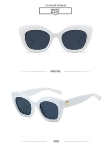 Detailed views of white cat eye sunglasses with gold accents and dark lenses
