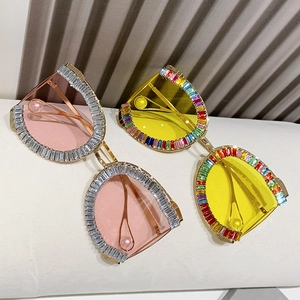 Luxe oversized D-frame metal sunglasses with colorful rhinestones and pearl details