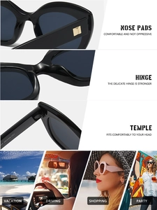 Detailed views of cat-eye sunglasses featuring golden temple accents and hinge construction