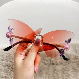 Butterfly Rimless Sunglasses Metal Frame UV400 Gradient Lens Rhinestone Flower Decor Fashion Trendy Eyewear For Women
