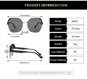 Detailed size chart for rimless fashion sunglasses with frame dimensions in cm and inches