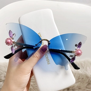 Fashion rimless butterfly sunglasses with blue gradient lenses and rhinestone floral accents