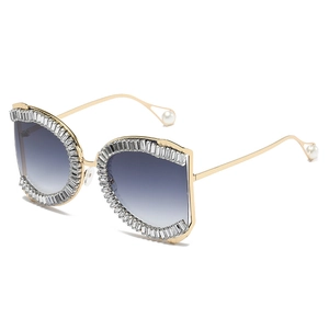 Luxurious D-frame oversized sunglasses with crystal embellishments and pearl temple tips