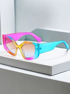 Detailed close-up of geometric oversized sunglasses with colorful gradient frame and lenses