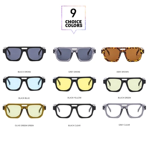 Matrix display of nine colorful retro double-bridge pilot sunglasses in various frame tints