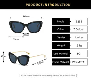 Detailed sizing chart and specifications for vintage cat-eye luxury sunglasses