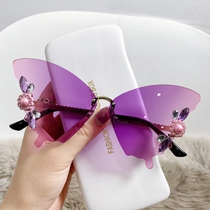 Fashion butterfly rimless gradient purple sunglasses with diamond flowers and case