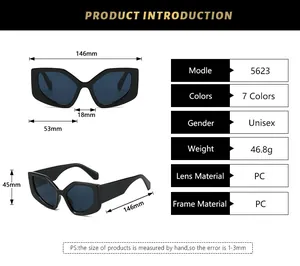Detailed size chart for polygon frame sunglasses showing dimensions and weight in millimeters