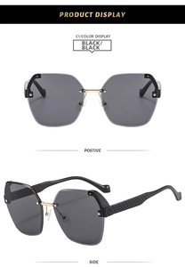 Detail of rimless hexagon sunglasses with gold metal bridge and quilted texture on arms