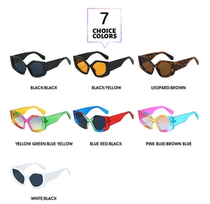 Detail view of seven color options for thick polygon sunglasses with gradient frames