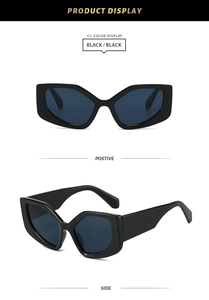Close-up of polygon black frame sunglasses with dark lenses and durable metal hinges