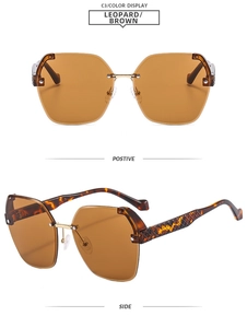 Detail of rimless sunglasses with brown geometric lenses and leopard print temples