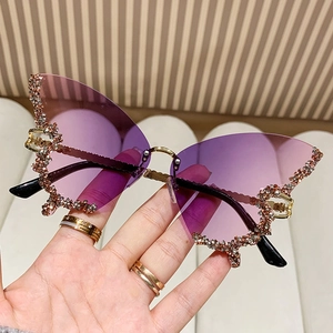 Butterfly Rimless Sunglasses Rhinestone Fashion Oversized Metal Frame UV400 Protection Streetwear For Women