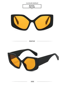 Detailed view of polygon black frame sunglasses with transparent yellow lenses from two angles