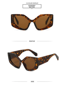 Detailed front and side views of leopard print polygon sunglasses with brown lenses