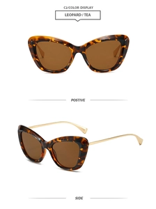 Cat eye sunglasses detail with leopard print frame and slim gold metal temples