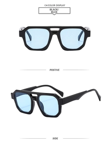 Detail view of double bridge aviator sunglasses with black frame and light blue lenses